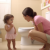 Image: A toddler sitting on a small potty with their pants pulled down to their ankles. Alt text: A young child sits on a potty with their pants down, indicating the parent's question of whether they are ready to potty train.