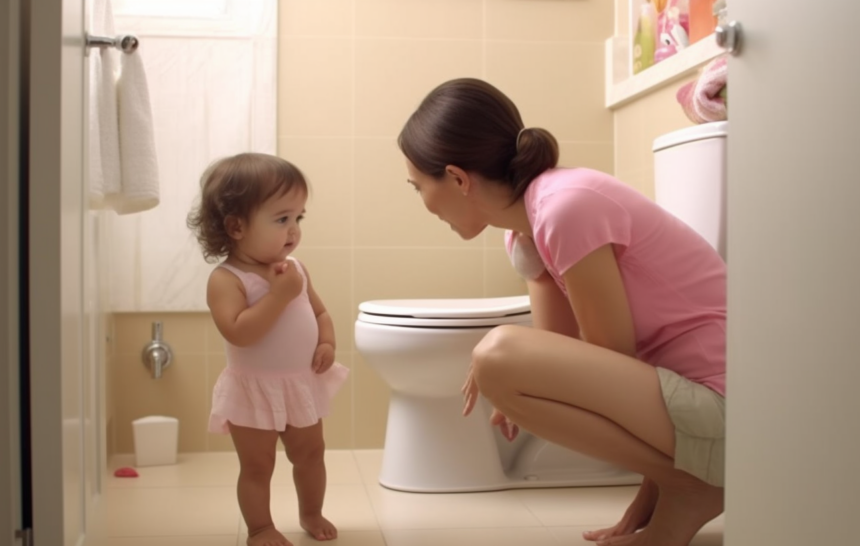 Image: A toddler sitting on a small potty with their pants pulled down to their ankles. Alt text: A young child sits on a potty with their pants down, indicating the parent's question of whether they are ready to potty train.