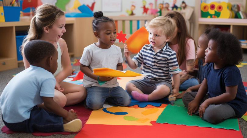 An image of children sitting around a table, holding colorful alphabet blocks and pointing to different letters. The alt text could be: "Children engaging in hands-on alphabet activities, which helps with letter recognition and language development."