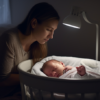 An image of a parent gently cradling a sleeping newborn in their arms. The parent is softly humming a lullaby and the room is dimly lit with a nightlight in the background.