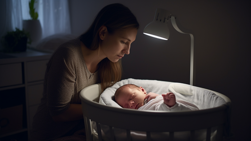 An image of a parent gently cradling a sleeping newborn in their arms. The parent is softly humming a lullaby and the room is dimly lit with a nightlight in the background.