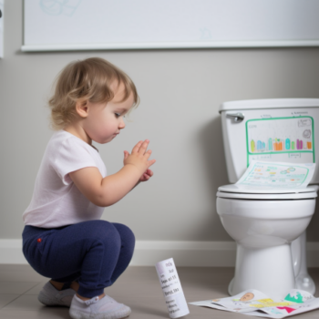 An image of a toddler sitting on a small potty chair with a parent standing behind them, holding a book and smiling encouragingly. The child appears content and engaged, with their pants pulled down and their feet firmly planted on the ground. The image conveys a sense of patience, support, and positive reinforcement as the child learns to use the toilet independently.