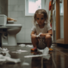 A young child sits on a potty with a look of frustration on their face, while a parent kneels beside them with a concerned expression. In the background, a small puddle of urine can be seen on the ground.