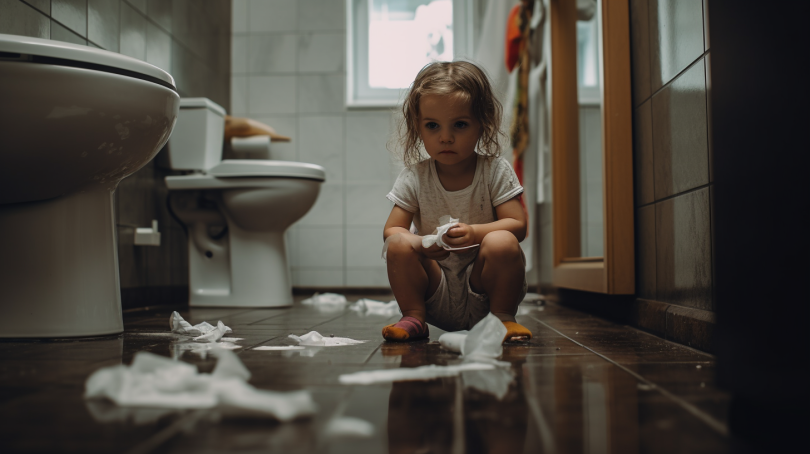 A young child sits on a potty with a look of frustration on their face, while a parent kneels beside them with a concerned expression. In the background, a small puddle of urine can be seen on the ground.