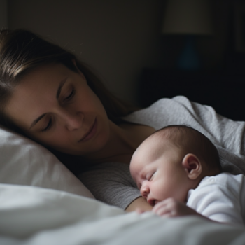 An image for "Can I sleep train while breastfeeding?" could be a photo of a mother breastfeeding her baby while also holding a sleep training book or speaking with a sleep consultant. The alt text for this image could be "A mother breastfeeds her baby while exploring the possibility of sleep training, holding a sleep training book and speaking with a consultant."