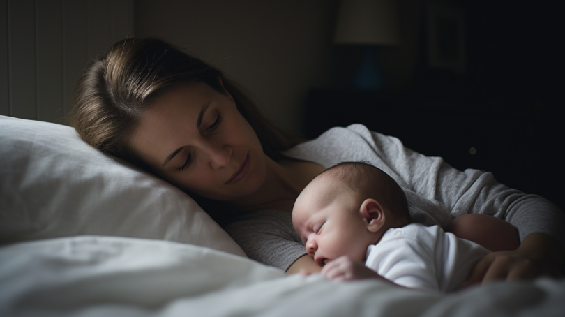 An image for "Can I sleep train while breastfeeding?" could be a photo of a mother breastfeeding her baby while also holding a sleep training book or speaking with a sleep consultant. The alt text for this image could be "A mother breastfeeds her baby while exploring the possibility of sleep training, holding a sleep training book and speaking with a consultant."