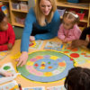 A group of preschoolers sitting around a table with colorful alphabet flashcards spread out in front of them. The teacher is pointing to a letter and asking the children to identify it, while the kids eagerly participate in the activity.