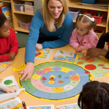 A group of preschoolers sitting around a table with colorful alphabet flashcards spread out in front of them. The teacher is pointing to a letter and asking the children to identify it, while the kids eagerly participate in the activity.