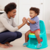 An image may show a toddler sitting on a potty chair with a concerned parent kneeling beside them, offering support and guidance. The alt text for this image could be, "A parent and child working together in the process of potty training, with the child sitting on a small potty chair and the parent offering support and encouragement."