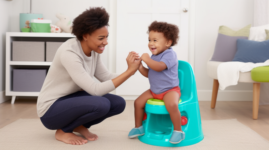 An image may show a toddler sitting on a potty chair with a concerned parent kneeling beside them, offering support and guidance. The alt text for this image could be, "A parent and child working together in the process of potty training, with the child sitting on a small potty chair and the parent offering support and encouragement."